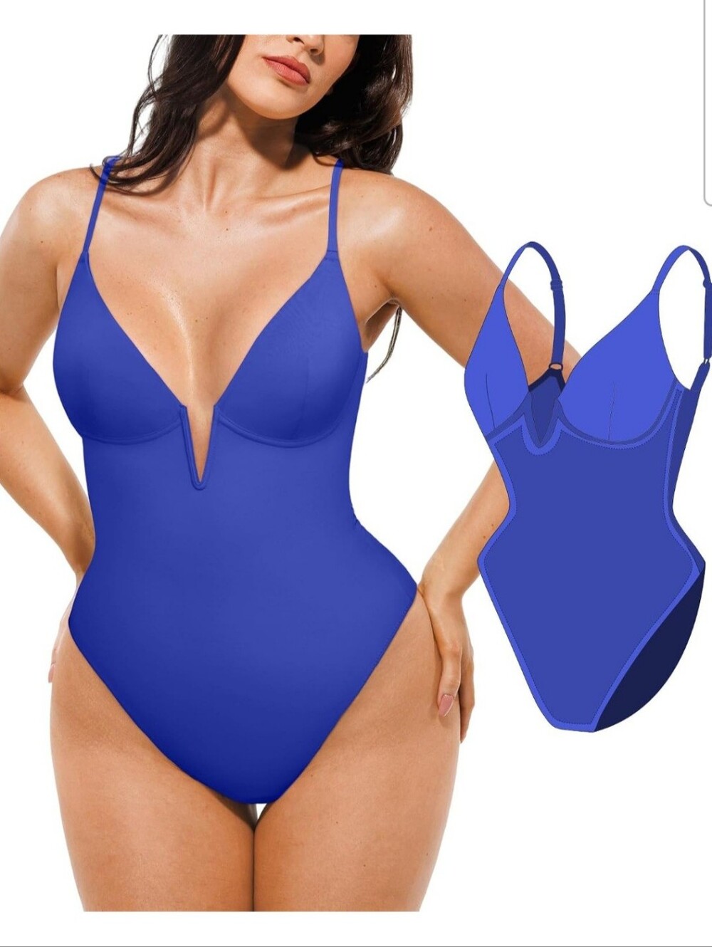 Popilush Women's Blue One Piece Shapewear Deep V Neck Underwire Swimsuit Size M